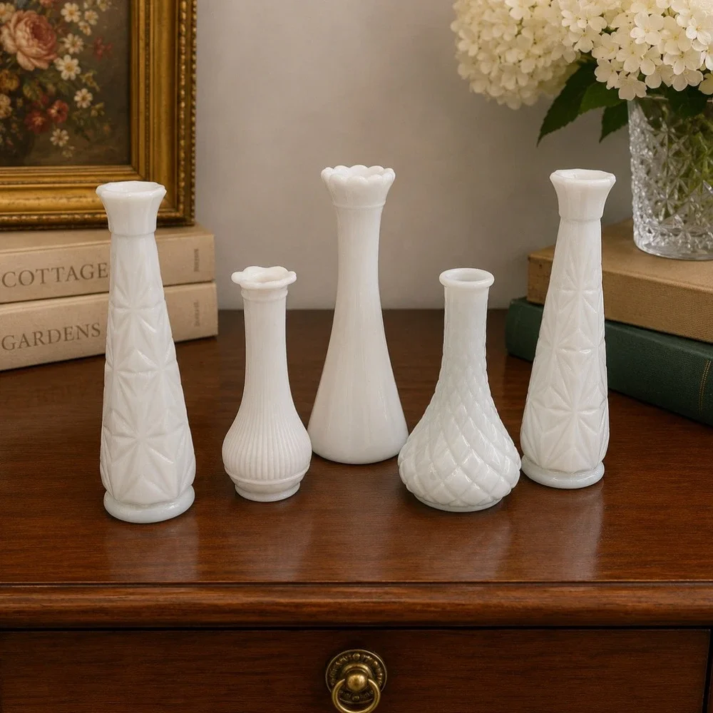 Vintage Milk Glass Bud Vase Set White Floral Decor Cottagecore Centerpiece 5pc